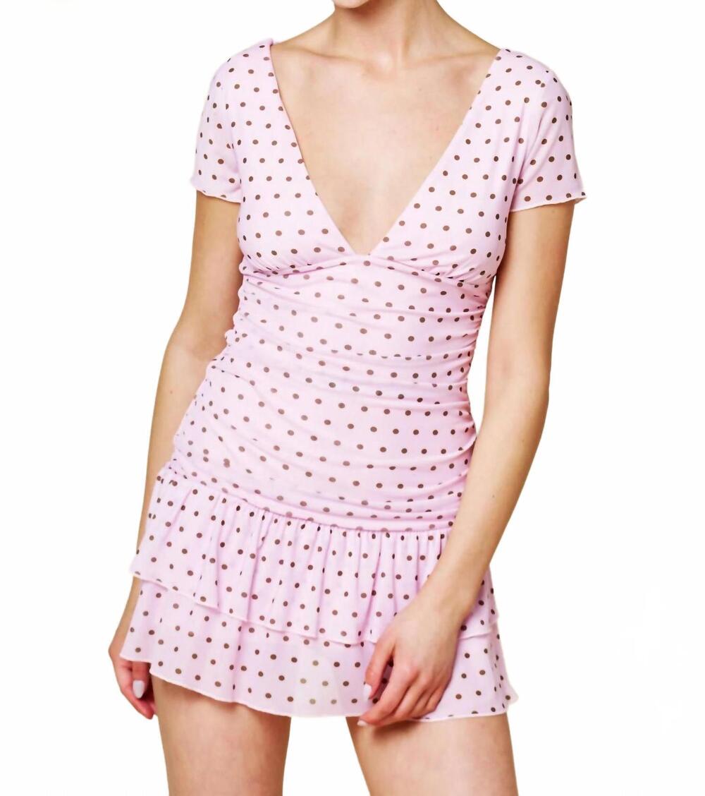 NEW YAZ haley short sleeves ruched mini dress in light pink/brown